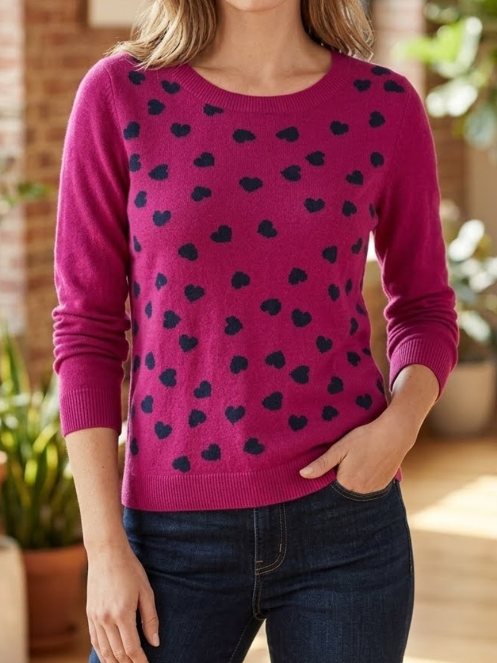 GARNET HILL Sweater Wool Mini Heart Print Fuchsia Medium